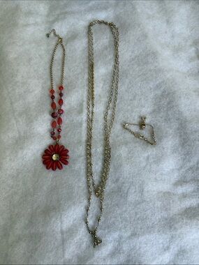 Gold-Tone Layered Necklace with Red Flower Pendant Necklace and one Bracelet